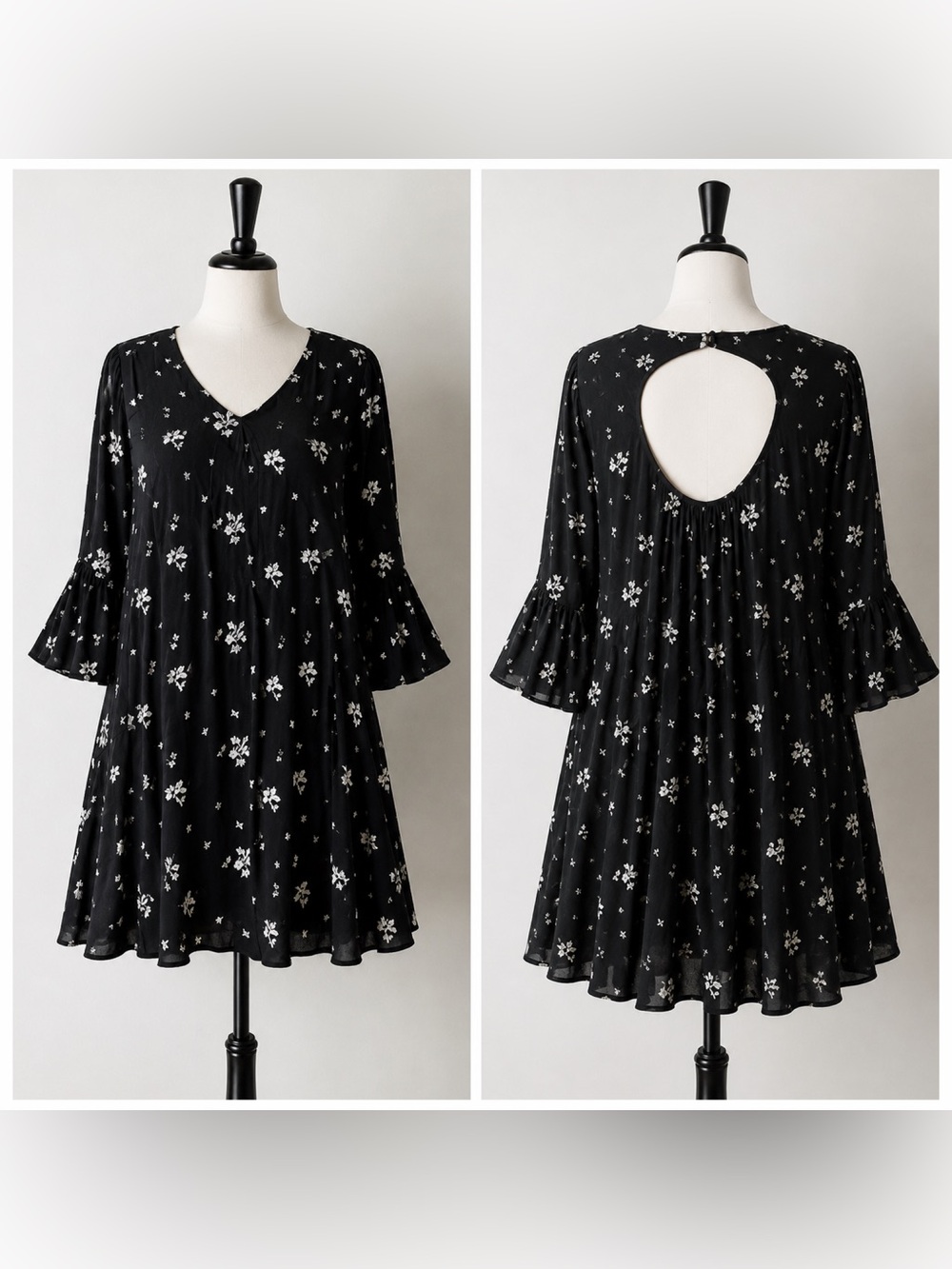 Jodifl Babydoll Gauze Swing Dress black/white Floral Flowy Tunic Festival Medium
